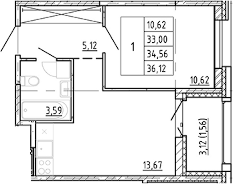 1-комнатная квартира 33 м², 11/12 эт., ЖК «Полис Новоселье»